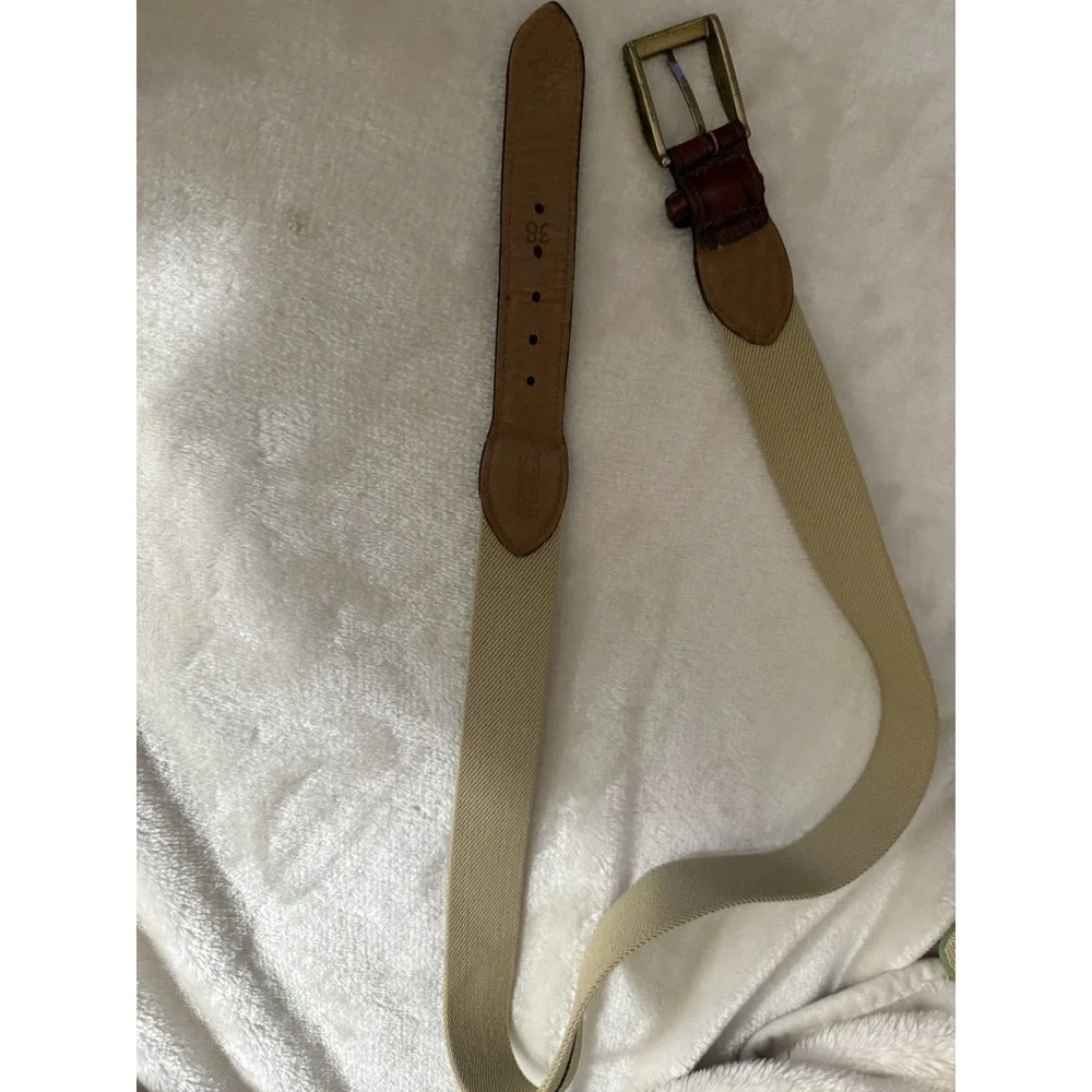 Jos A Bank Belt Mens 38 Beige W/ Black Stripe Leather Canvas Casual Belt